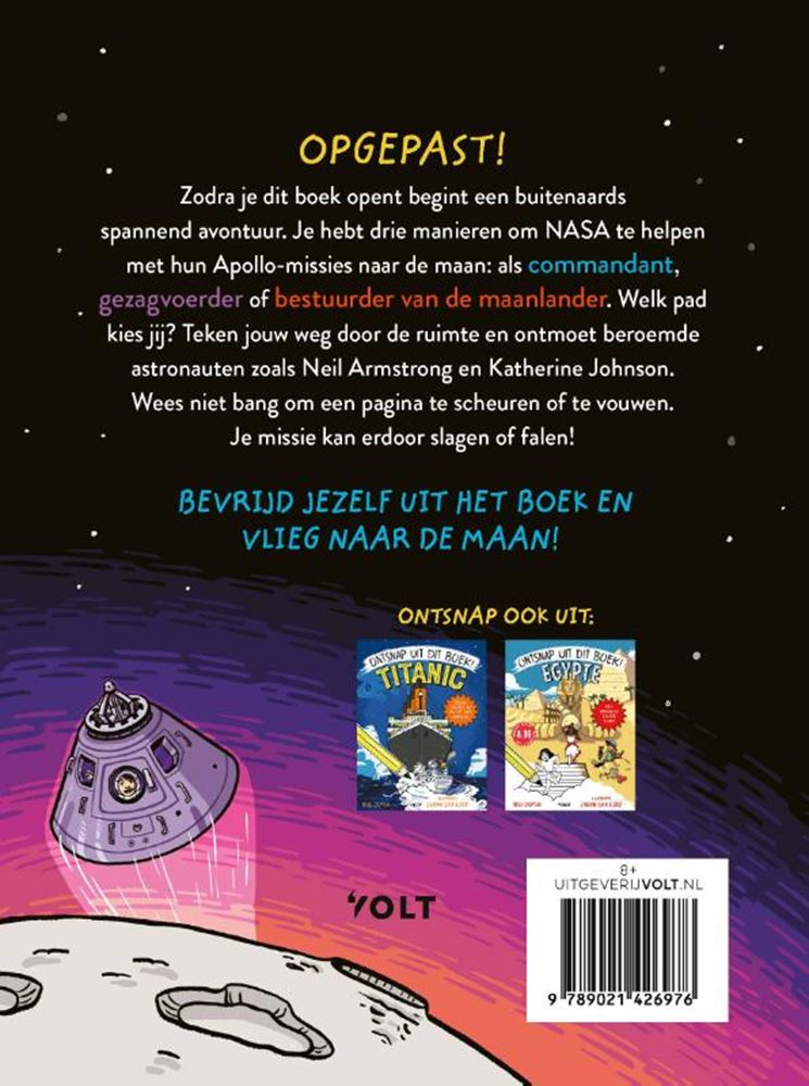 ギャラリービューアに画像をロードする, Ontsnap uit dit boek! race naar de maan.
