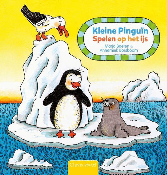 Kleine pinguïn, spelen op het ijs. 1+