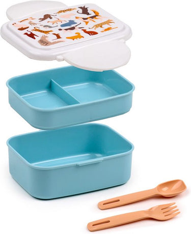 Puckator bentobox lunchbox - feline fine cats - lichtblauw wit - bestek - 9x15,5x14cm