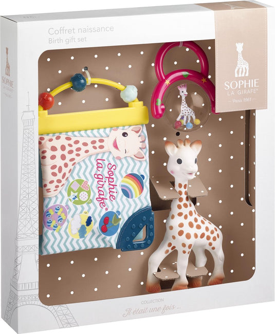 Sophie de giraf cadeauset - geboorte geschenkset - kraamcadeau - babyshower cadeau - poppetje, rammelaar ontdekboekje - vanaf 0 maanden - in wit geschenkdoosje - 3-delig