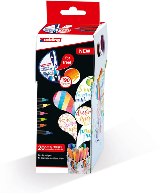 Edding colour happy brushpennen assorti box - 20 brushpennen - flexibele penseelvorm - variabele punt - handige doos met 20 stuks brushpennen en een colourmixer