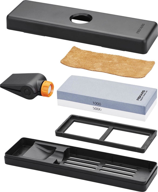 Fiskars messenslijper set - wetsteen premium - slijpsteen voor messen - met twee slijpsterktes, slijphoekgeleider en polijstleer
