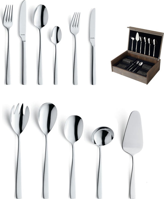 Amefa florence - 78-delige bestekset - voor 12 personen - hoogglans - zilverkleurig - in luxe houten kist