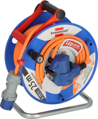 Brennenstuhl camping kabelhaspel met 25m kabel in oranje met led-spanningsindicator (cee 230v kabelhaspel met cee-hoekstekker inclusief geaarde combistekker, voor permanent gebruik buitenshuis, made in germany)