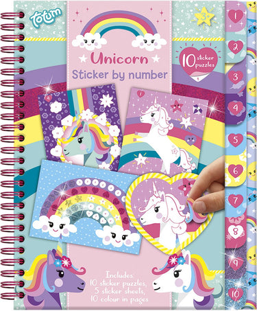 Totum unicorn sticker puzzel doeboek a5 - vakantieboek stickeren op nummer incl. kleurplaten - speelgoed meisjes vanaf 3 jaar