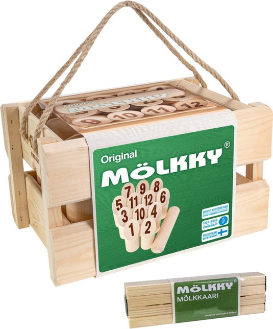 Tactic mölkky tournament set – vang- en werpspel - origineel fins houten werpspel in luxe houten draagkist – duurzaam berkenhout – met gratis score-app - inclusief mölkkaari werpboog