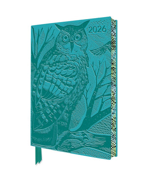 Flame tree angela harding: long eared owl 2026 artisan art vegan leather diary planner - page to view with notes