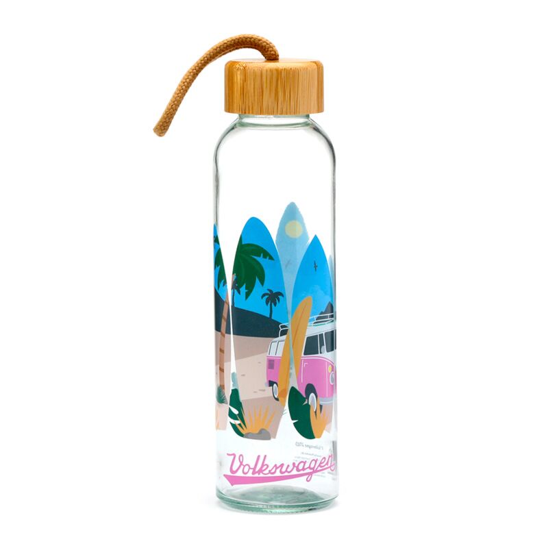 Load image into Gallery viewer, Volkswagen busje vw t1 waves 500ml duurzame glazen waterfles bamboe deksel

