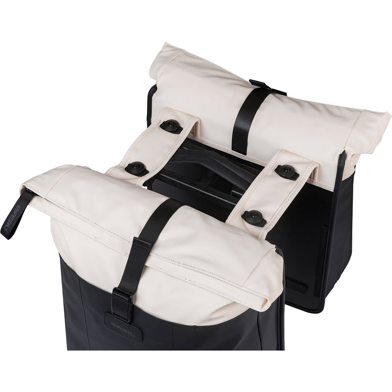 Load image into Gallery viewer, Basil dubbele fietstas vive mik 28-35l 14 x 30 x 38 cm - wit zwart
