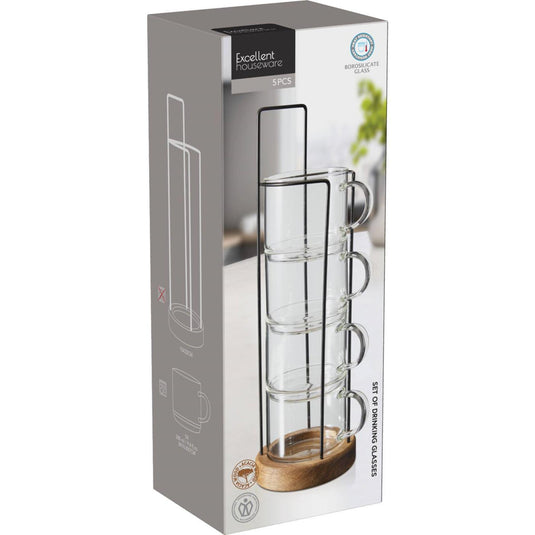 Excellent houseware drinkglas set 280ml met metaal hout standaard 8x7x10,8cm
