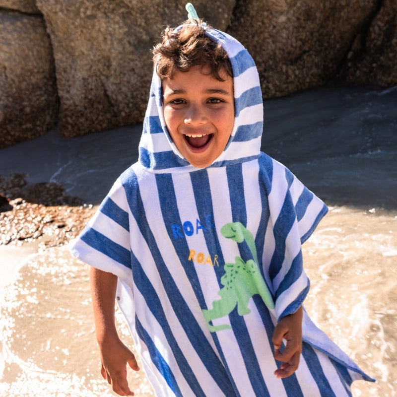 Load image into Gallery viewer, Dino | blauwe katoenen strandponcho 65 x 65 cm
