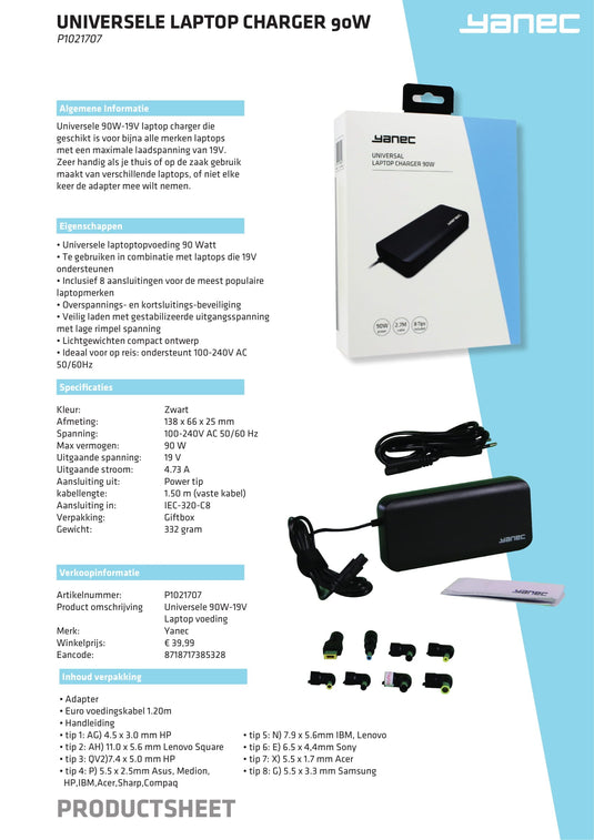 Universeel yanec universele laptop ac adapter 90w met 8 tips - zwart