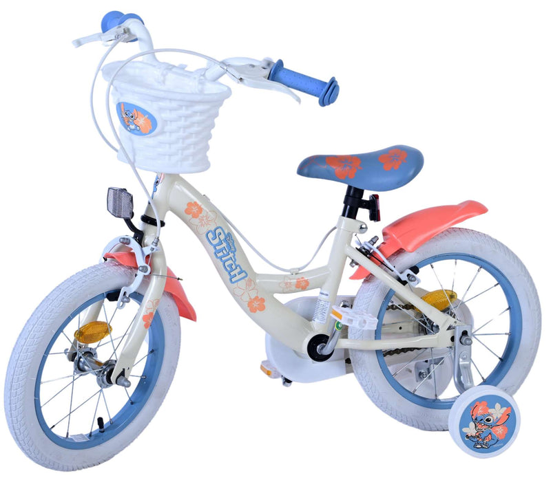 Load image into Gallery viewer, Stitch disney kinderfiets - meisjes - 14 inch - crème koraal blauw - twee handremmen
