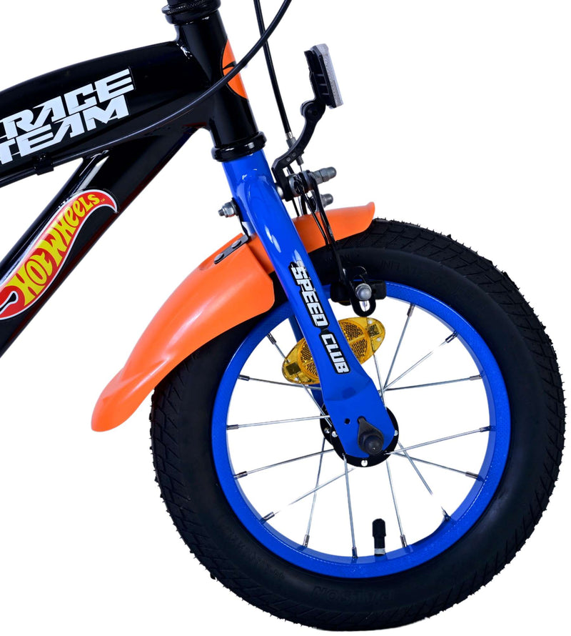 Afbeelding laden in galerijviewer, Volare hot wheels kinderfiets - jongens - 12 inch - zwart oranje blauw - twee handremmen
