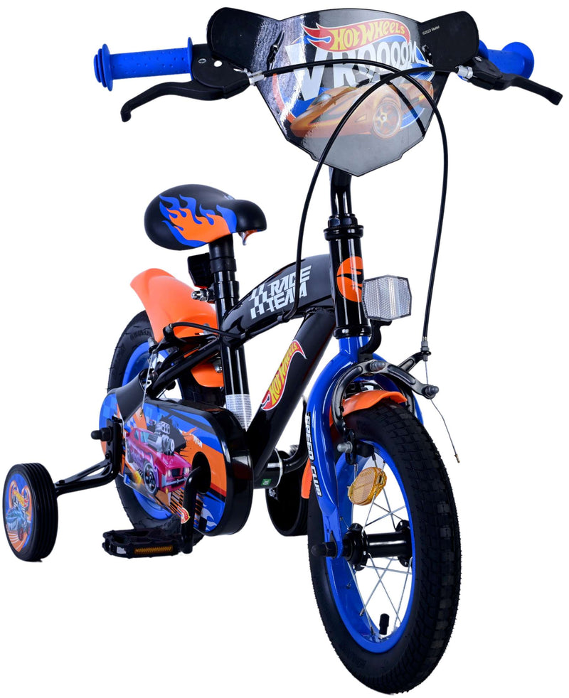 Afbeelding laden in galerijviewer, Volare hot wheels kinderfiets - jongens - 12 inch - zwart oranje blauw - twee handremmen
