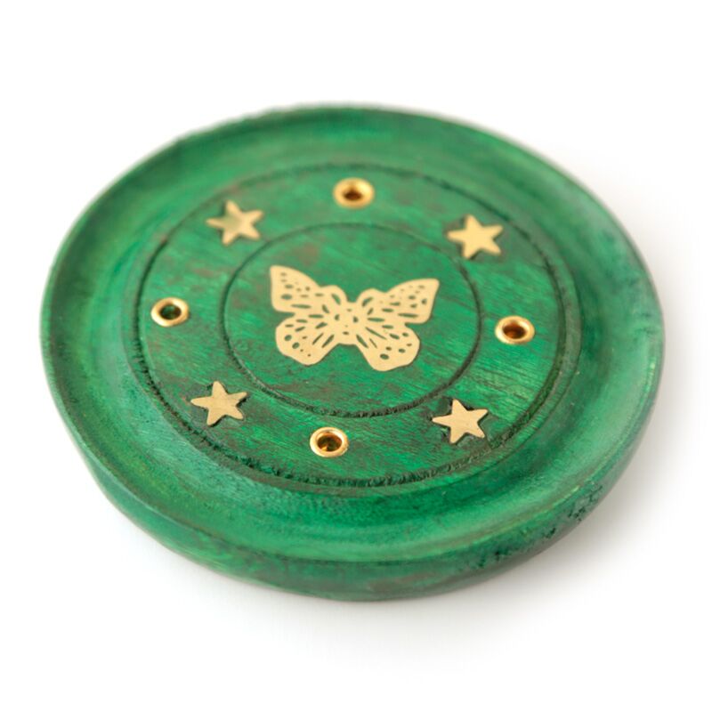 Load image into Gallery viewer, Mangohout vlinder rond groen wierookhouder
