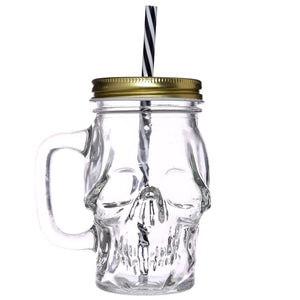 Schedelvormige mason jar glazen drinkbeker met rietje en dekel