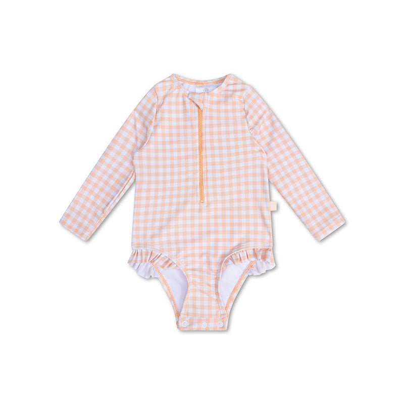 Load image into Gallery viewer, Sunset grid | oranje wit meisjes uv badpak met lange mouwen
