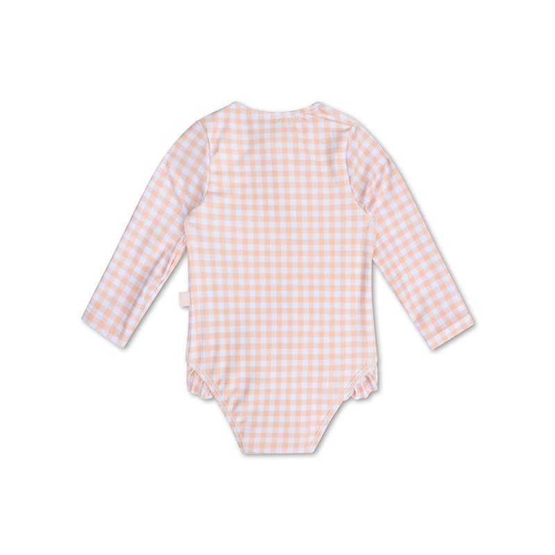 Load image into Gallery viewer, Sunset grid | oranje wit meisjes uv badpak met lange mouwen
