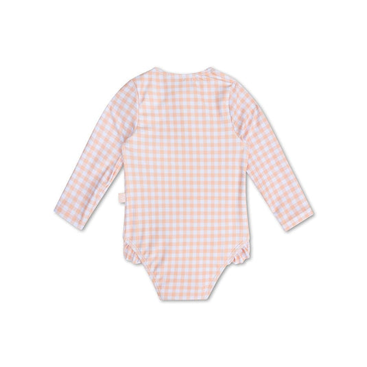 Sunset grid | oranje wit meisjes uv badpak met lange mouwen