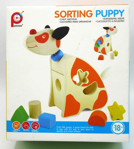 Vormenstoof puppy van hout met 5 verschillende blokken.