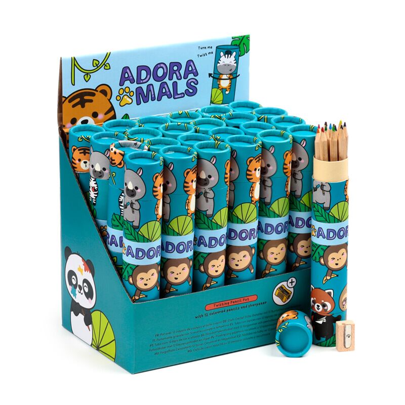 Load image into Gallery viewer, Adoramals wilde dieren large draaidop tekenkoker 12 kleurpotloden slijper
