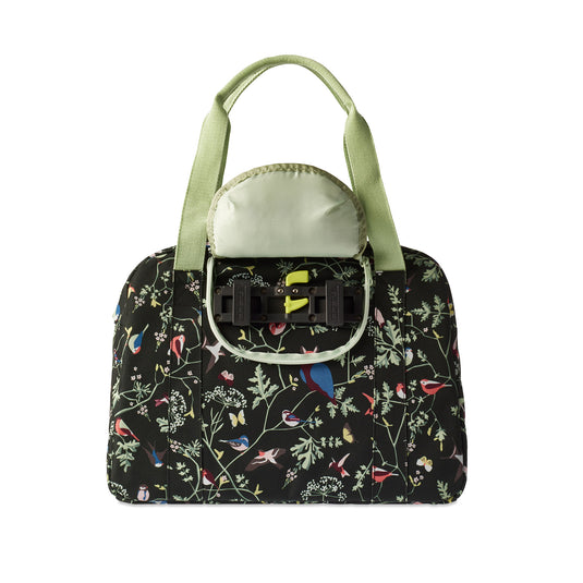 Basil Wanderlust Carry All Bag - zwarte fietshandtas met kleurrijke vogelprint