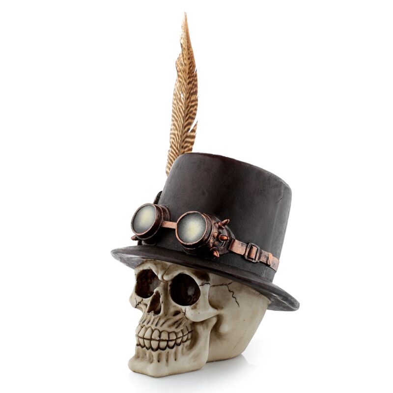Load image into Gallery viewer, Steam punk stijl schedel met hoge hoed veren woonaccessoire
