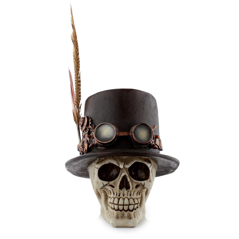 Load image into Gallery viewer, Steam punk stijl schedel met hoge hoed veren woonaccessoire
