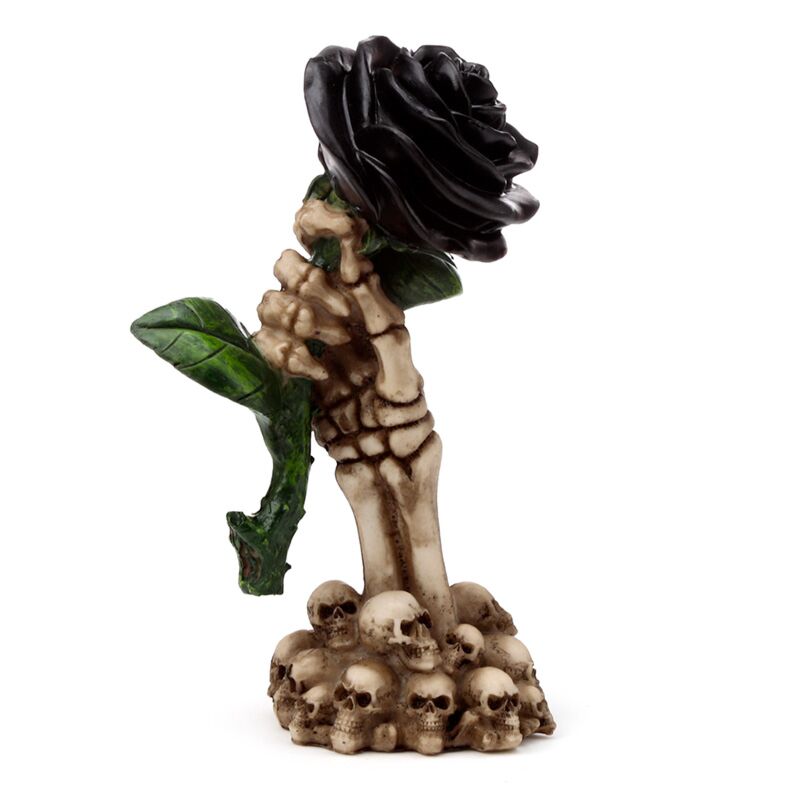 Load image into Gallery viewer, Skelet hand houdt zwarte roos woonaccessoire
