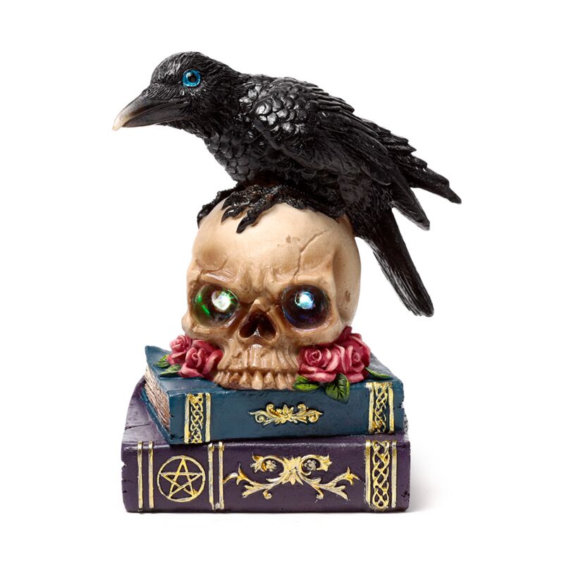 Load image into Gallery viewer, Crow perched on led skull books
