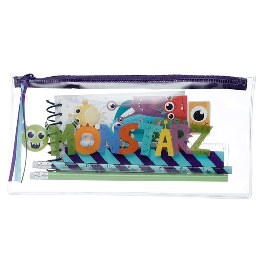 Monstarz monster 7-delig bureausetje in doorzichtig pennen etui