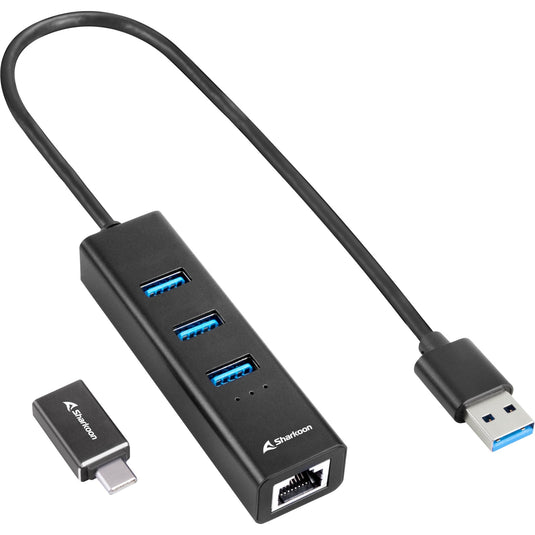 Sharkoon 3-Port USB 3.2 Gen 1 Aluminium Hub + RJ45 Ethernet