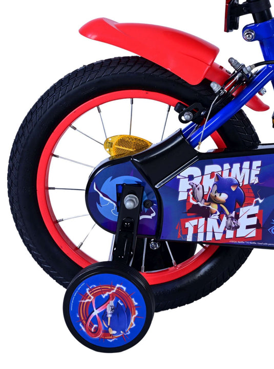 Sonic prime kinderfiets - jongens - 14 inch - blauw rood - twee handremmen