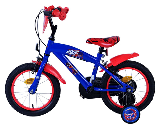 Sonic prime kinderfiets - jongens - 14 inch - blauw rood - twee handremmen