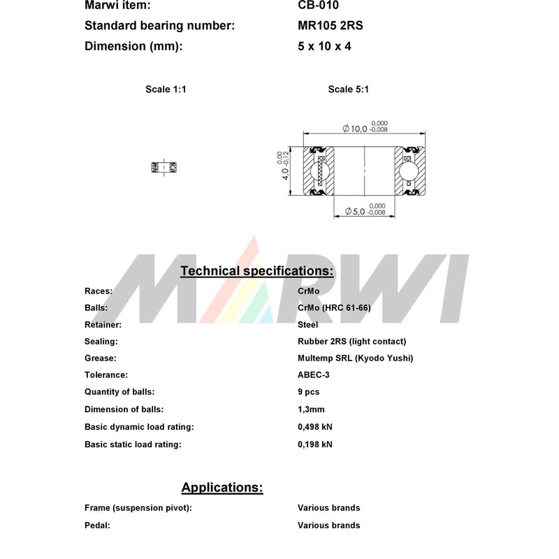 Load image into Gallery viewer, Marwi union kogellager cb-010 mr105 2rs 5x10x4

