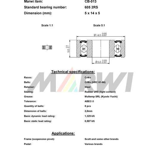 Marwi union kogellager cb-013 605 2rs 5x14x5
