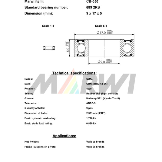 Union kogellager ball bearing cb-050 9x17x5