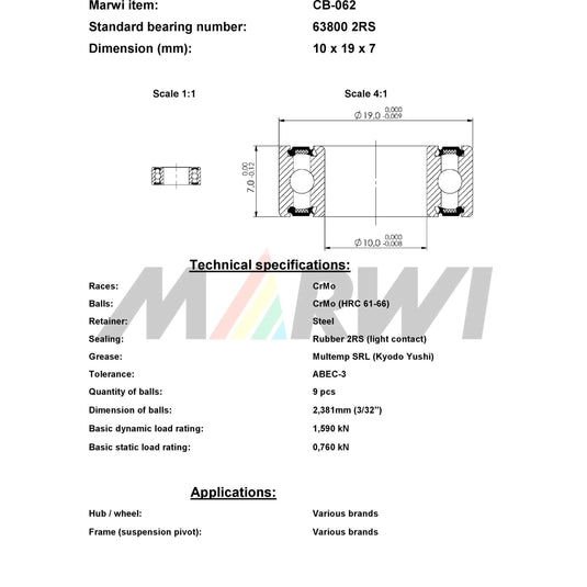 Marwi union kogellager ball bearing union cb-062 10x19x7