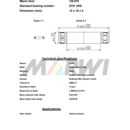 Marwi union kogellager ball bearing union cb-070 12x18x4