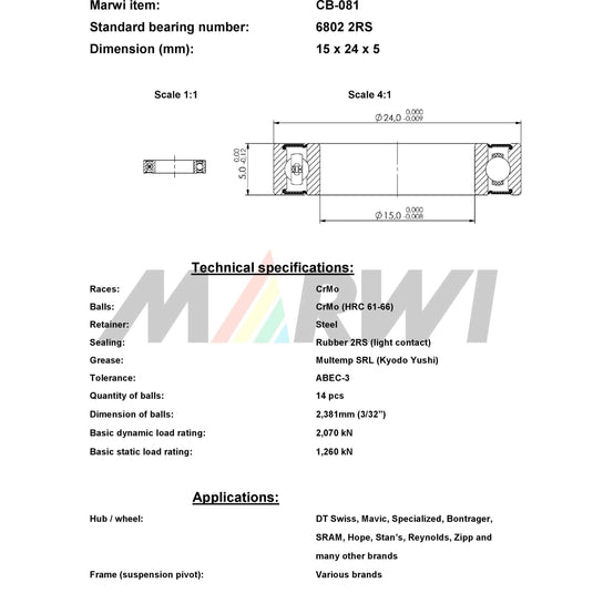 Marwi union kogellager ball bearing union cb-081 15x24x5