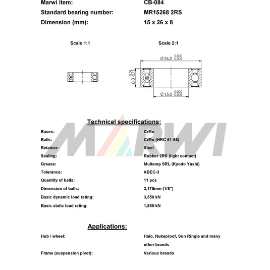 Marwi union kogellager ball bearing union cb-084 15x26x8