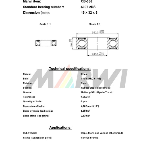 Marwi union kogellager ball bearing union cb-086 15x32x9