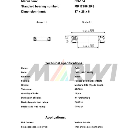 Marwi union kogellager ball bearing union cb-104 17x28x6