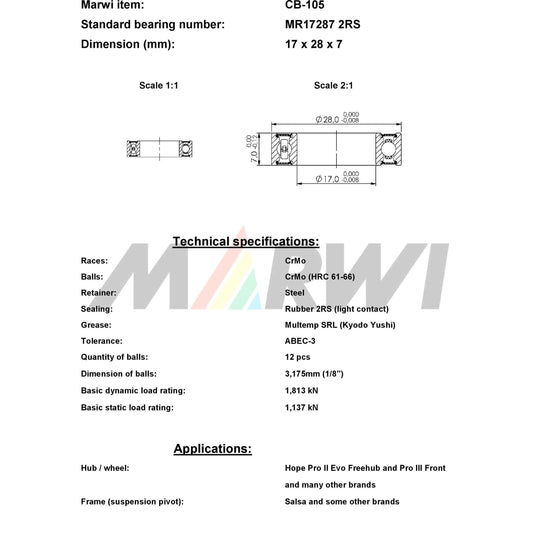Marwi union kogellager ball bearing union cb-105 17x28x7