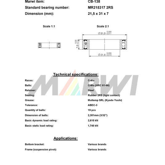 Marwi union kogellager cb-138 mr215317 21,5x31x7