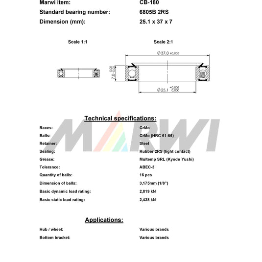Marwi union kogellager cb-180 6805b 2rs 25,1x37x7