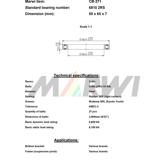 Union kogellager ball bearing cb-271 50x65x7