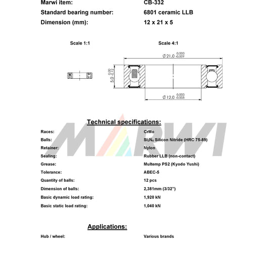 Union kogellager cb-332 6801 llb 12x21x5 keramisch
