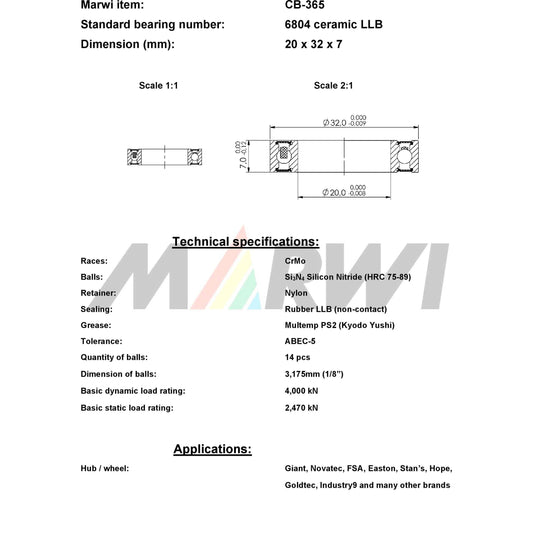 Union kogellager cb-365 6804 llb 20x32x7 keramisch
